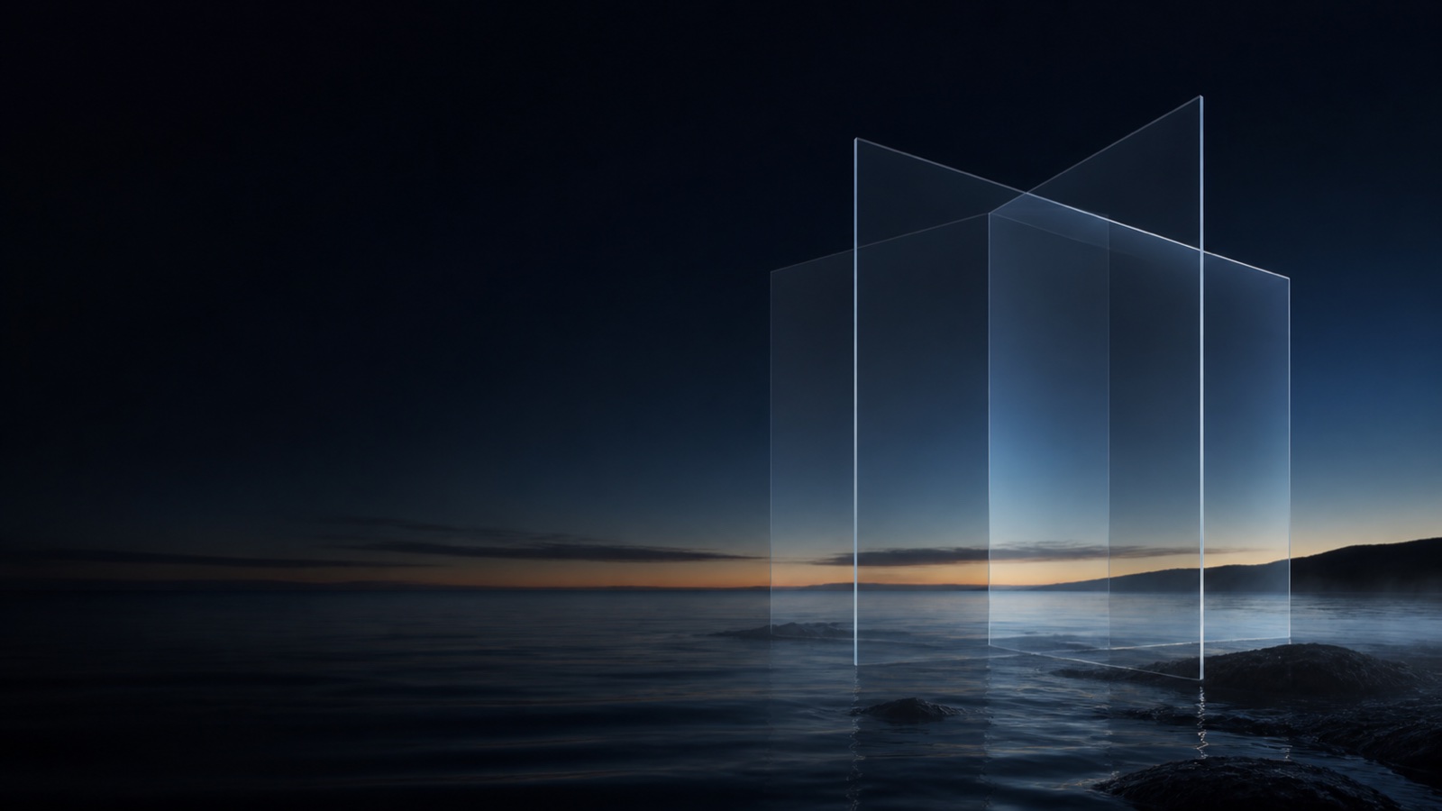 Abstract blue glass forms representing the systems and connections built by 23 Pacific