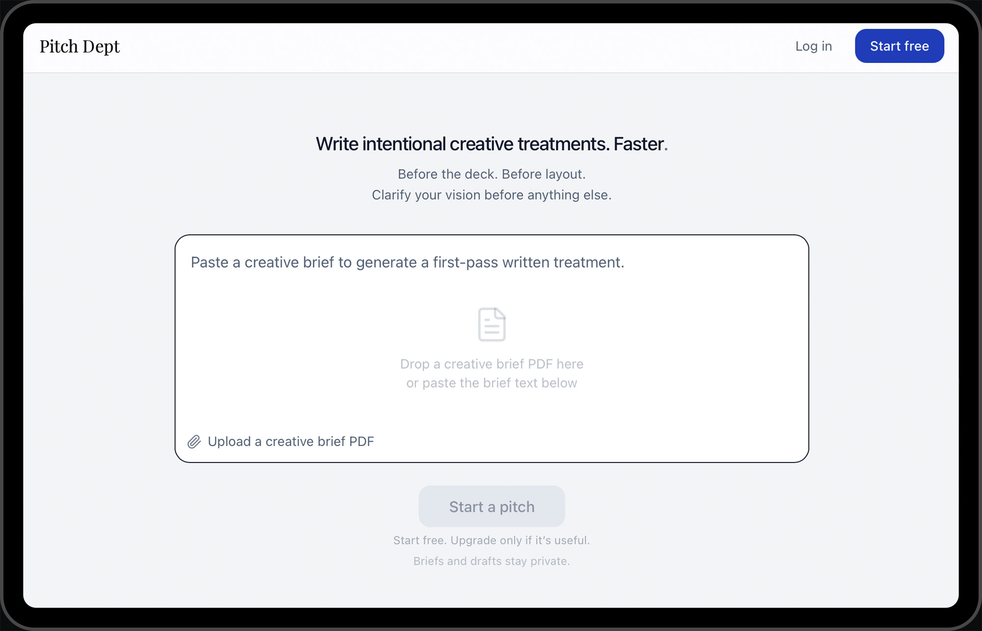 Pitch Dept home screen shown on an iPad