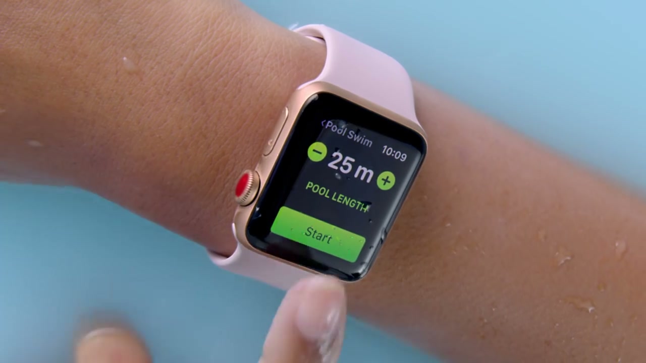 An Apple Watch Series 3 on a swimmer’s wrist in The Gift of Go campaign.
