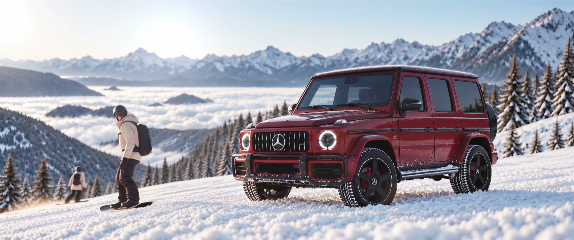 The G-Class parked in the mountains as the couple head out into the snow
